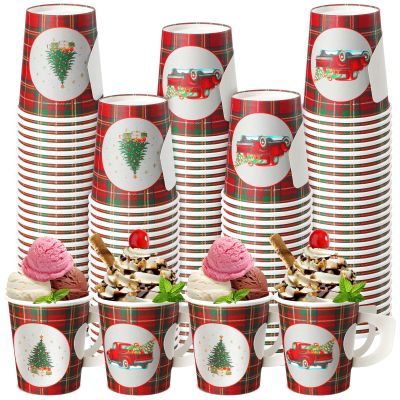 200 Pcs Christmas Disposable Paper Cups with Handle 8 oz Buffalo Plaid Christmas Disposable Coffee Cocoa Hot Chocolate Cups Drinkware Beverage Tea for Xmas Party Hot Chocolate Supplies Decoration