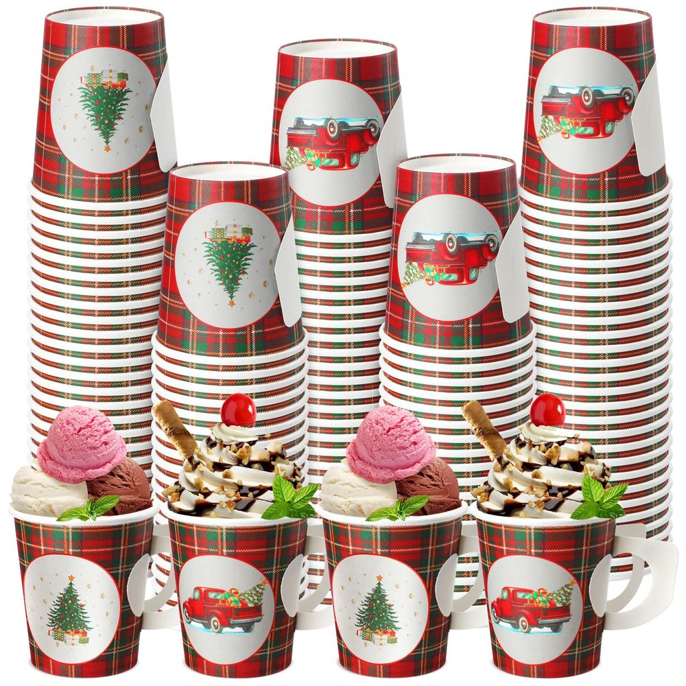 200 Pcs Christmas Disposable Paper Cups with Handle 8 oz Buffalo Plaid Christmas Disposable Coffee Cocoa Hot Chocolate Cups Drinkware Beverage Tea for Xmas Party Hot Chocolate Supplies Decoration