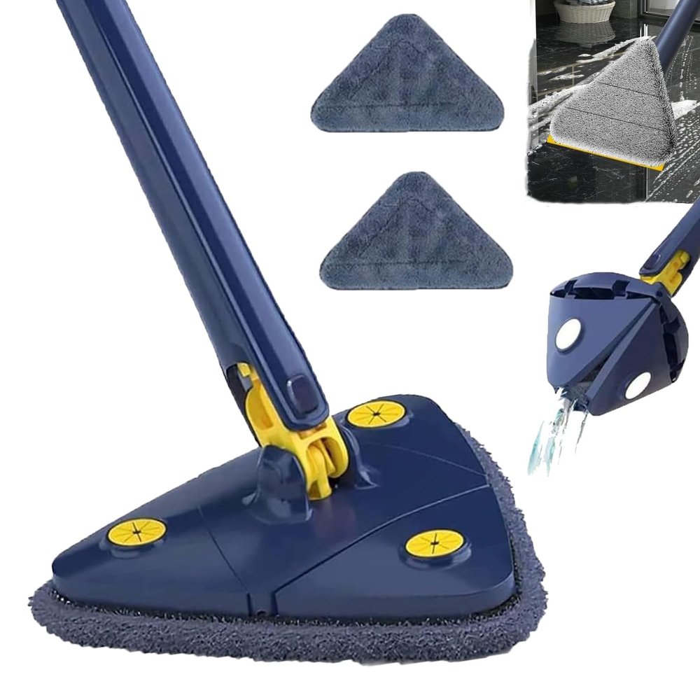 360 Triangular Spin Mop, 360 Rotatable Adjustable Cleaning Mop with 2 Mops (Blue)