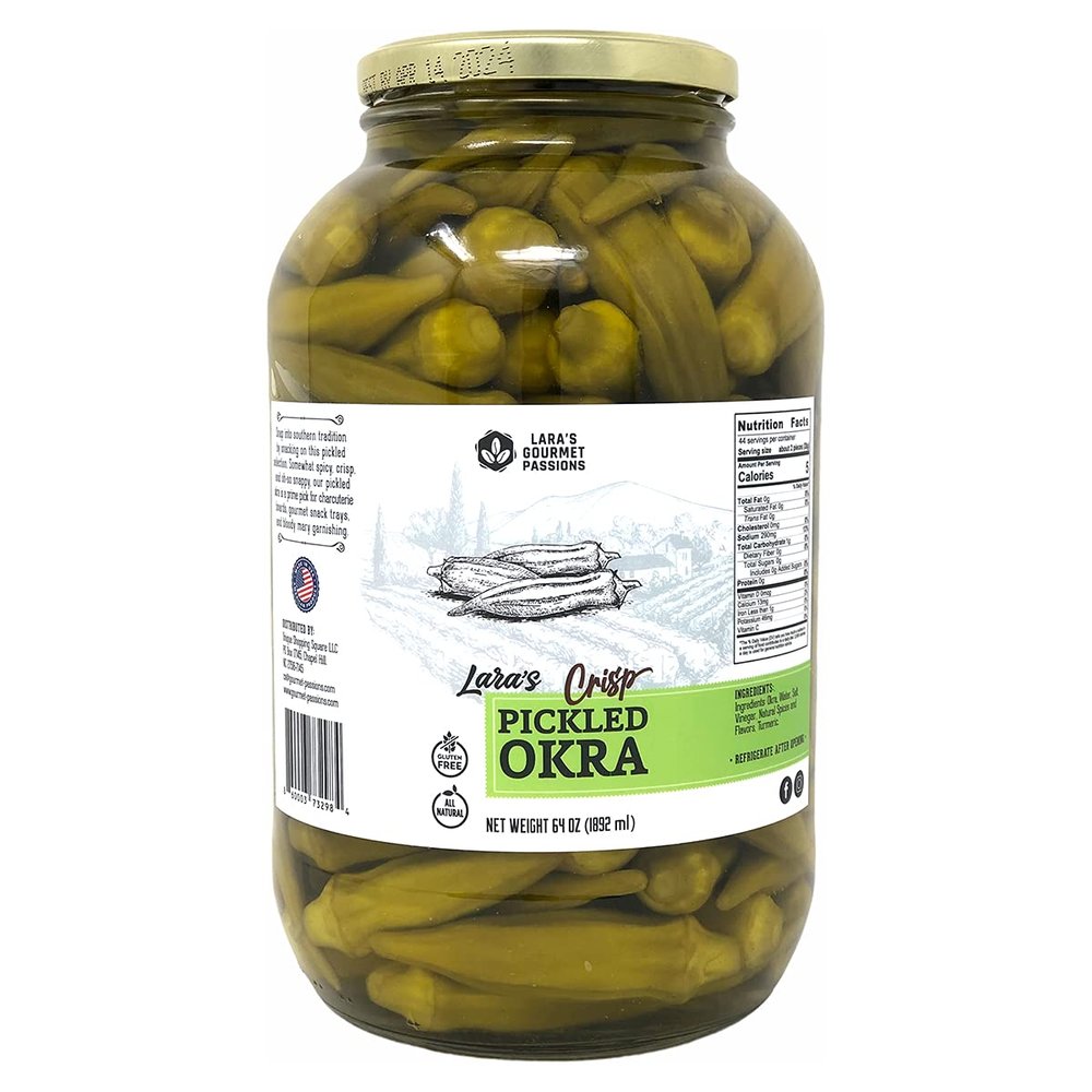 Lara's Pickled Okra with a Serving Tray - (Pack of 2, 64oz Each) - Artisanal Southern Style Mild Okra - Perfect for Charcuterie & Gourmet Snack Trays - Gluten-Free, All-Natural Okra Set
