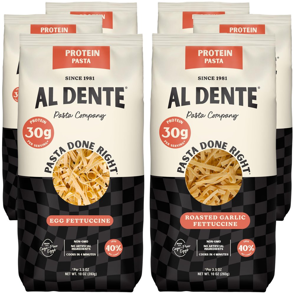 Al Dente Protein Pasta Egg & Roasted Garlic Fettuccine - 30g High Protein in 3.5oz Serving, Lower Carb. Cage-Free Eggs & Semolina. (Previously Carba-Nada, Packaging May Vary) - 10oz Bags (Pack of 6)