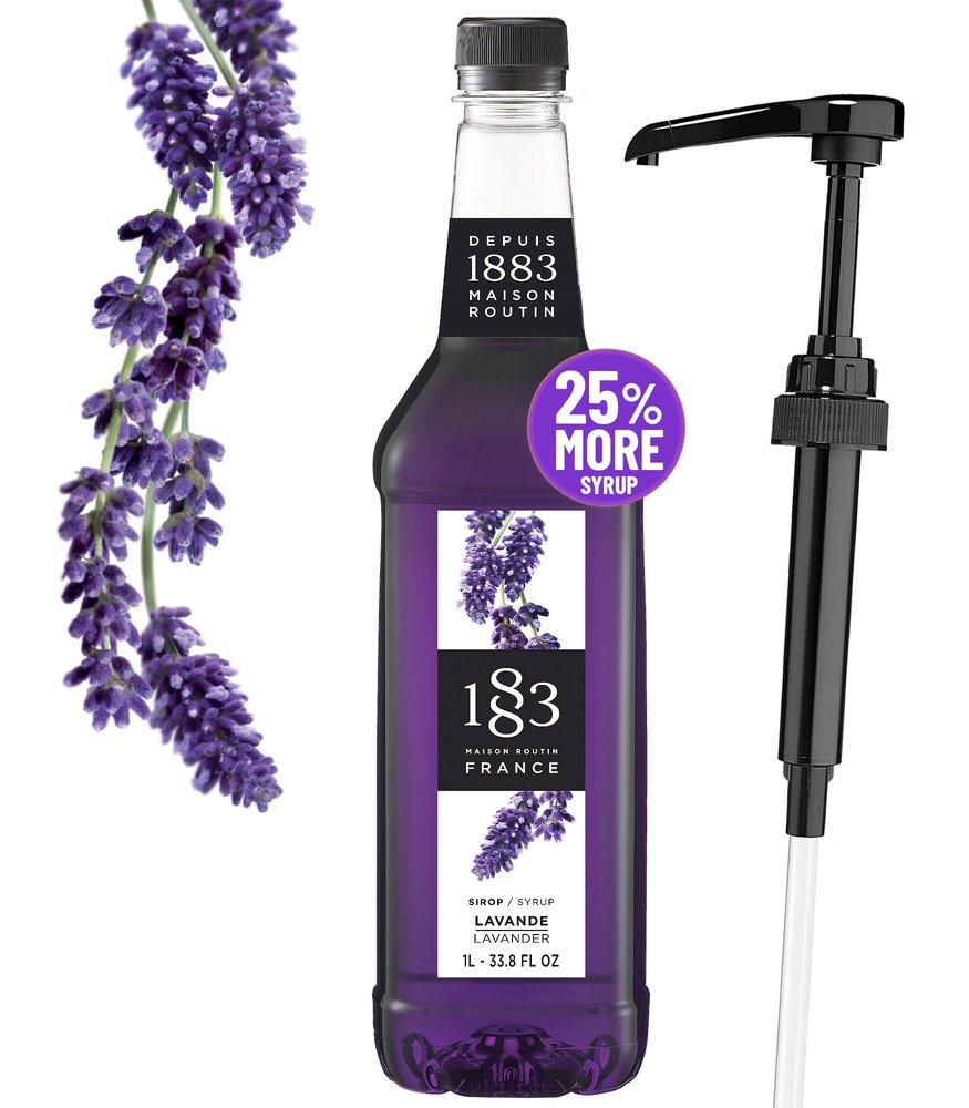 1883 Lavender Syrup for Drinks, Pump Included, Made in France, 1 Liter Plastic Bottle