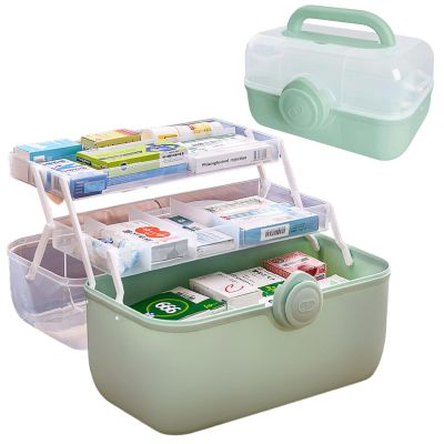 Plastic Medical Box First Aid Storage Containers 3-Tier Fold Tray with Removable Pill Case Family Empty Medication Organizer with Handled for Home, Medical Facility, School and Travel-Cyan-2