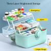 Plastic Medical Box First Aid Storage Containers 3-Tier Fold Tray with Removable Pill Case Family Empty Medication Organizer with Handled for Home, Medical Facility, School and Travel-Cyan-2 view 3