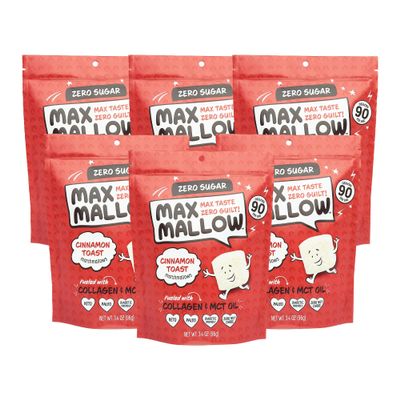 Max Mallow Sugar Free Marshmallows - Keto Friendly, Perfect for S'mores, Hot Chocolate, and Baking with Zero Sugar Snacks, Smores Mct Oil Zero Sugar Marshmellow Marshmallow Cinnamon Toast, 6 Pack