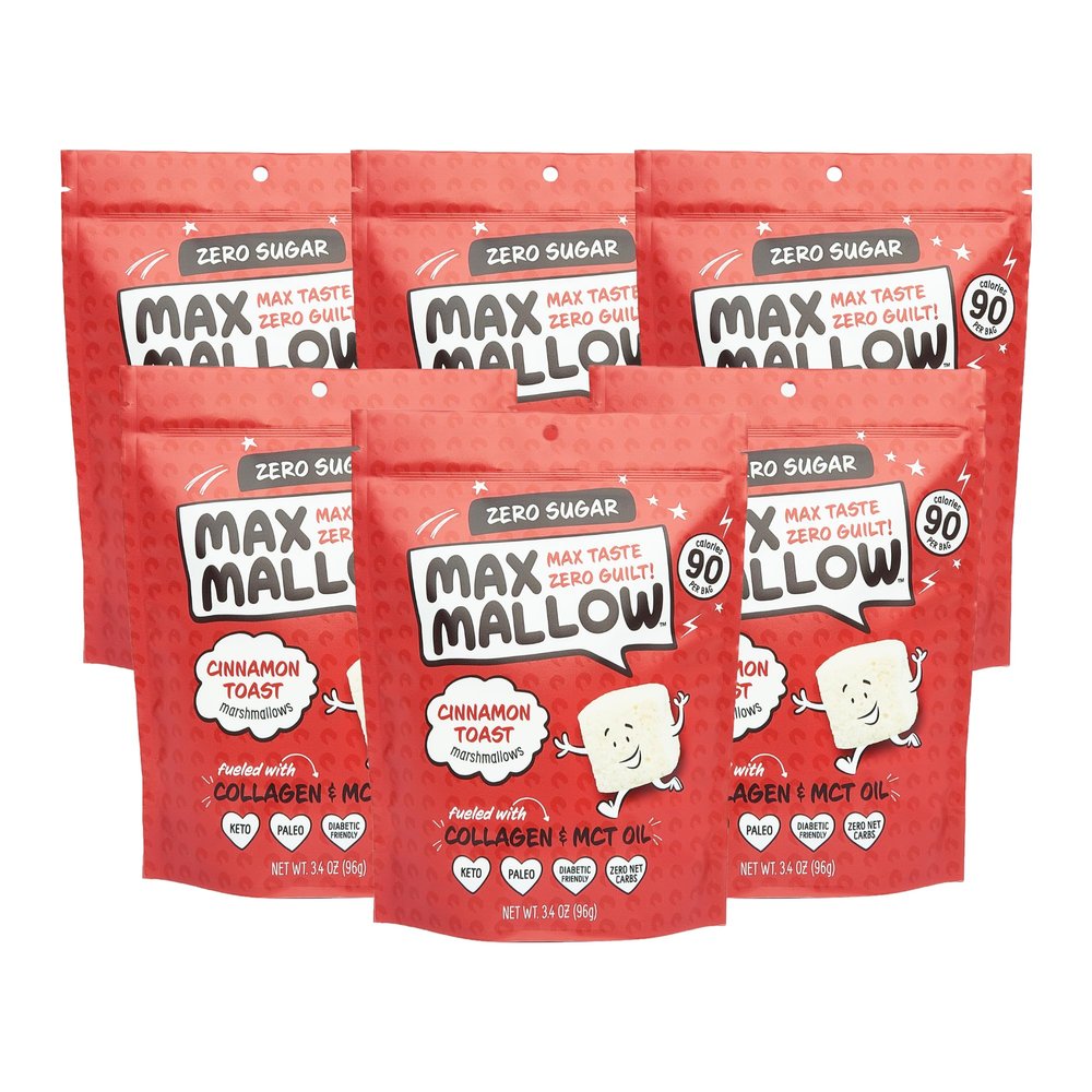Max Mallow Sugar Free Marshmallows - Keto Friendly, Perfect for S'mores, Hot Chocolate, and Baking with Zero Sugar Snacks, Smores Mct Oil Zero Sugar Marshmellow Marshmallow Cinnamon Toast, 6 Pack