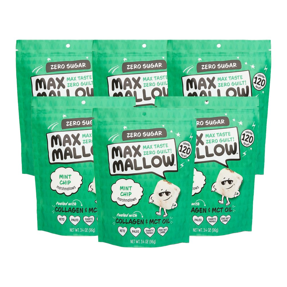 Max Mallow Sugar Free Marshmallows - Keto Friendly, Perfect for S'mores, Hot Chocolate, and Baking with Zero Sugar Snacks, Smores Mct Oil Zero Sugar Marshmellow Marshmallow Mint Chip, 6 Pack