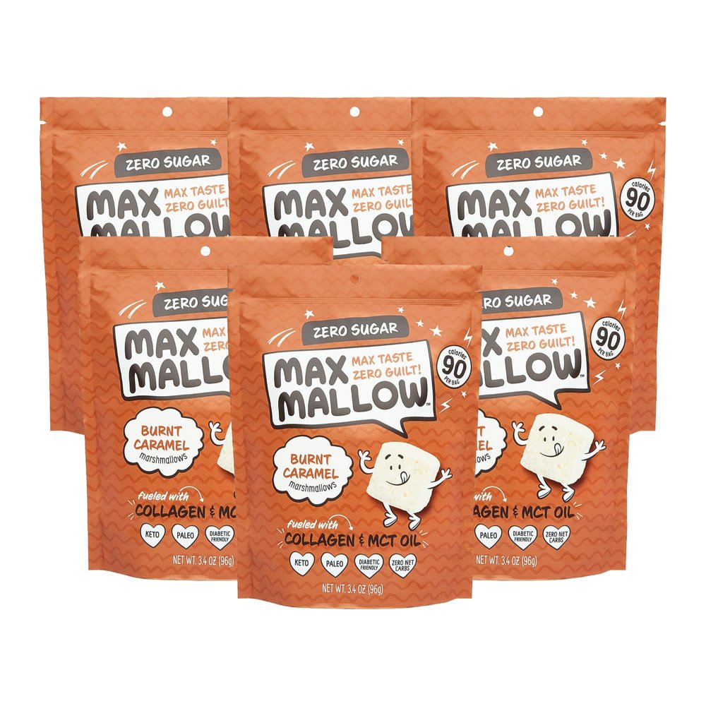 Max Mallow Sugar Free Marshmallows - Keto Friendly, Perfect for S'mores, Hot Chocolate, and Baking with Zero Sugar Snacks, Smores Mct Oil Zero Sugar Marshmellow Marshmallow Burnt Caramel, 6 Pack