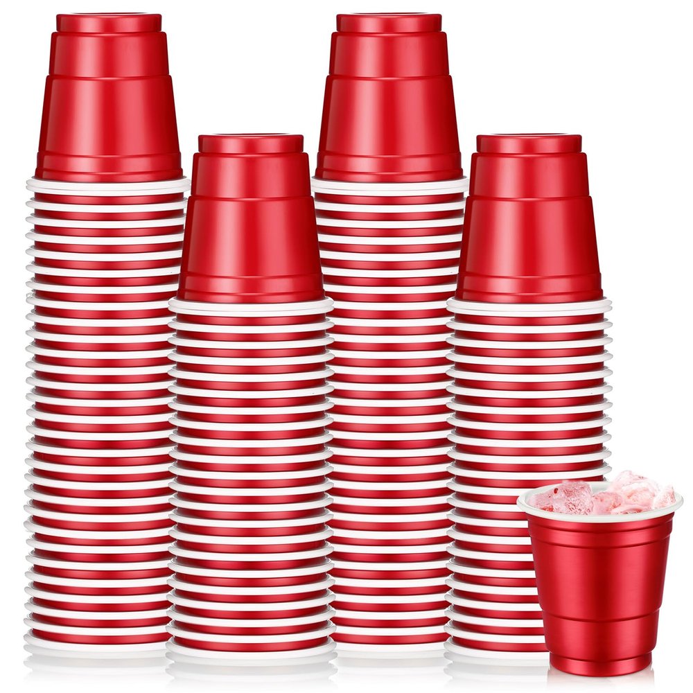 Roshtia 100 Pack 2 oz Plastic Shot Cups, Mini Disposable Shot Glasses 2 oz Party Cups for Valentine Wedding New Year Party, Beer Taste Serving, Snacks(Red)