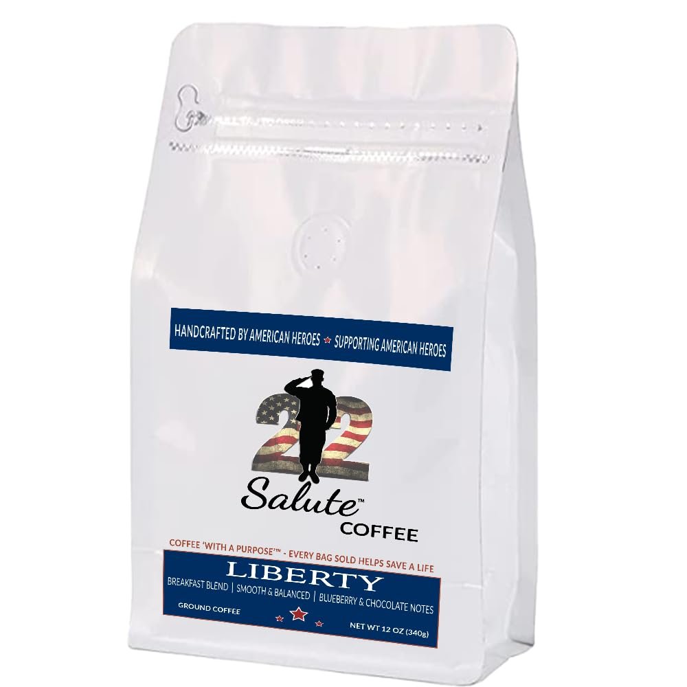 22 Salute Liberty Blend Ground Coffee Medium Roast, Breakfast Blend, 100% Specialty Arabica Coffee With Chocolate & Blueberry Flavor Notes, 12oz Bag
