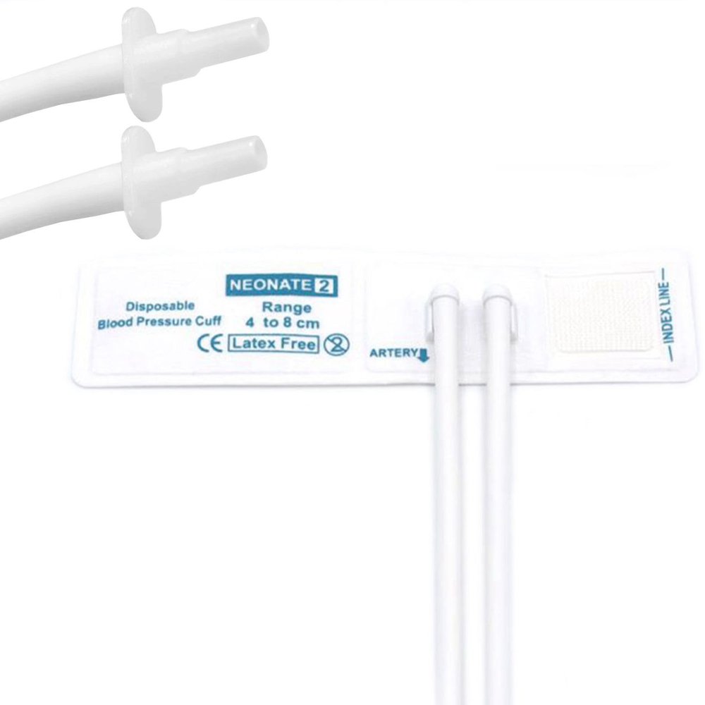5PCS Disposable Blood Pressure Cuff with Dual Tubes + BP05 Connectors for #2 Neonate 4-8 cm, Replacement NIBP Cuff, Non-Woven Fabric BP Cuff
