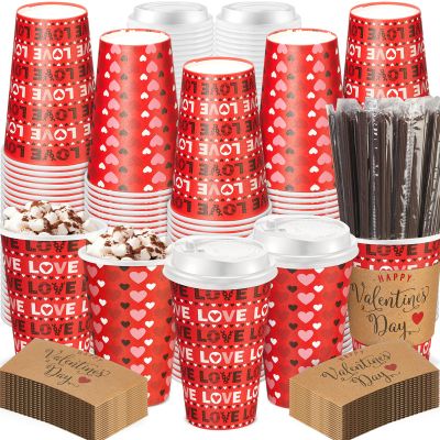Ziliny 100 Sets Valentine's Day Paper Coffee Cups with Sleeve and Lid Straw Hot Chocolate Cocoa Cups Valentine Holiday Party Supplies for Hot Drinks Cold Beverage Cafe Shop Office