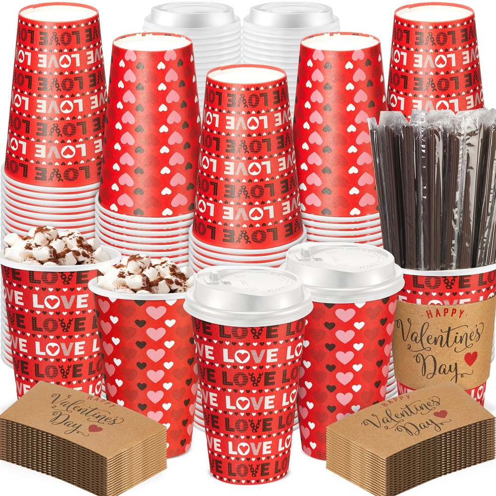 Ziliny 100 Sets Valentine's Day Paper Coffee Cups with Sleeve and Lid Straw Hot Chocolate Cocoa Cups Valentine Holiday Party Supplies for Hot Drinks Cold Beverage Cafe Shop Office