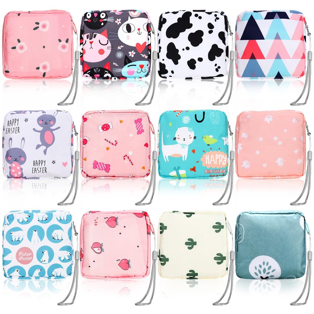 Paterr 12 Pcs Sanitary Napkin Storage Bag Set Including Portable Period Pouch Hand Wrist Strap Lanyard String Holder Tampons Holder Pouch First Period Gift for Purse Teen Girls (Chic Style)