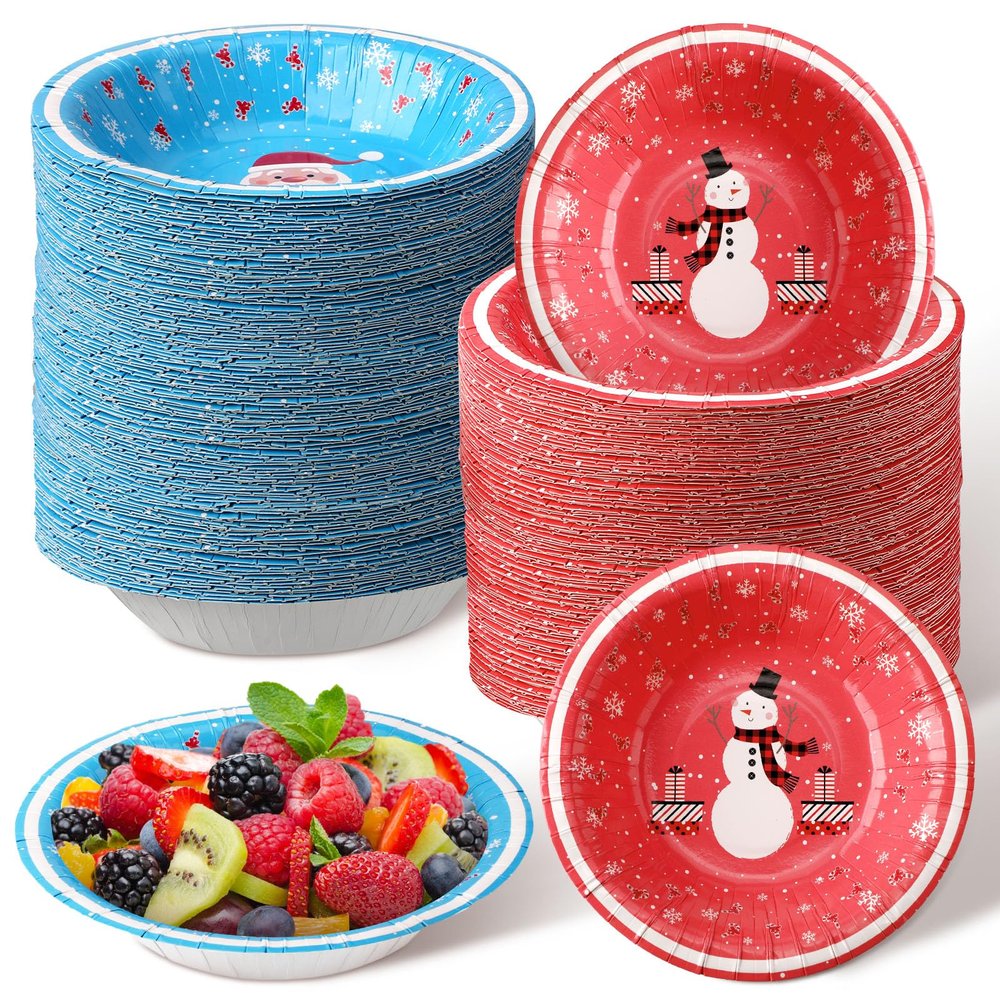 Sliner 100 Pcs Christmas Paper Bowl Christmas Disposable Bowls Serving Bowls Winter Themed Salad Bowls 12.3oz Dessert Bowls for Christmas Snack Dinner Birthday Party Picnic(Santa Claus and Snowman)