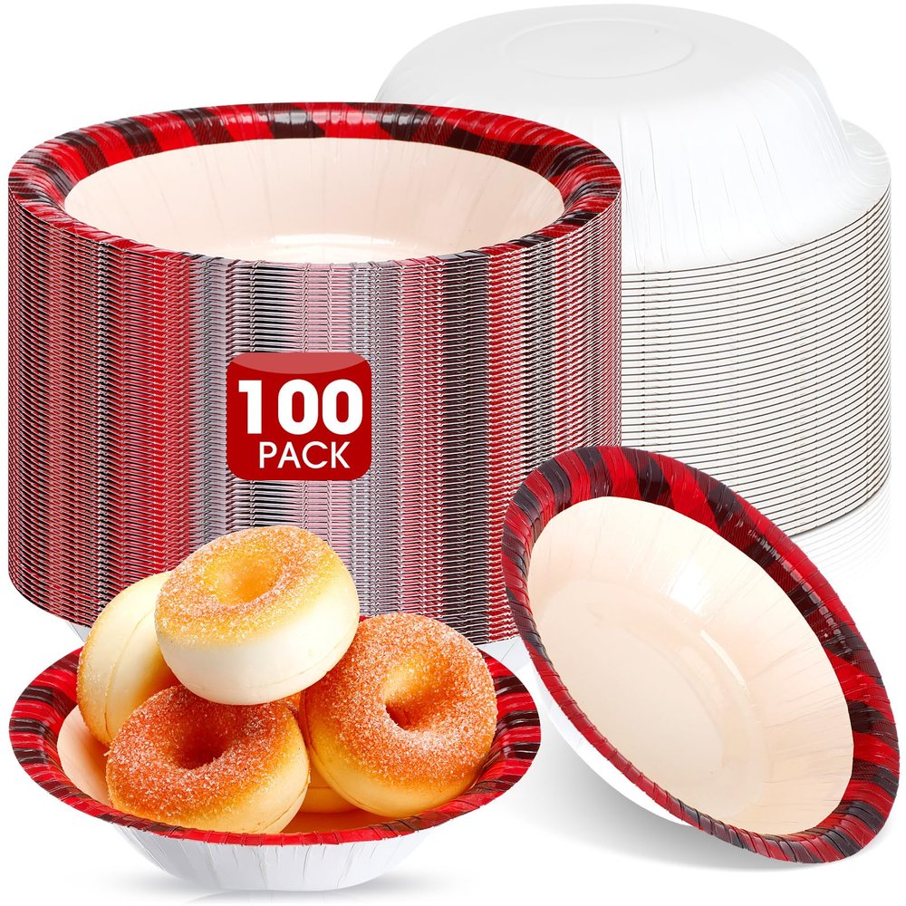 Jinei 100 Pcs Christmas Paper Bowls Bulk 7 Inch 16 oz Red and Black Buffalo Plaid Checkered Bowls Disposable Snack Dessert Salad Soup Serving Cups for Winter Holiday Xmas Party Favor Supplies