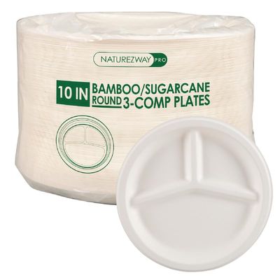NATUREZWAY PRO (10" (125 Pack) Bamboo & Sugarcane Round Plates with 3 Compartments: Leak-Proof, Heavy-Duty, Microwave Safe, Compostable - Elevate Your Sustainable Dining Experience