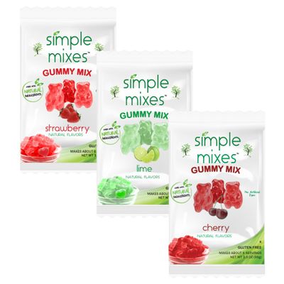 Simple Mixes Natural Gummy Mix, Healthy Snack, Dye-Free, No Gluten or Fat, Kosher, (3-Pack, Variety - Strawberry, Cherry, Lime)