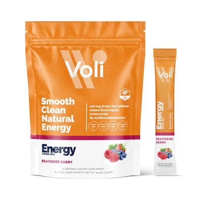 Voli Energy Drink Mix Packets | Natural Pre-Workout Powder with Green Tea Caffeine & B Vitamins, Amino Acids & Electrolytes for Sustained Focus, Hydration & Clean Energy | No Added Sugar, 15-Count