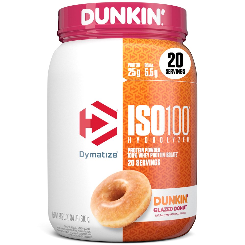 Dymatize x Dunkin' Glazed Donut ISO100 Whey Protein Powder, 25g of Protein, 5.5g BCAAs, 120 Cal., Gluten Free, 1g Fat, 1g Sugar, 2g Carb (20 Servings)