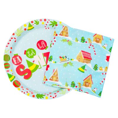 Silver Buffalo Elf Buddy the Elf Fa La La Santa Snow Christmas 32 Pack Partyware Disposable Paper Plates and Napkins