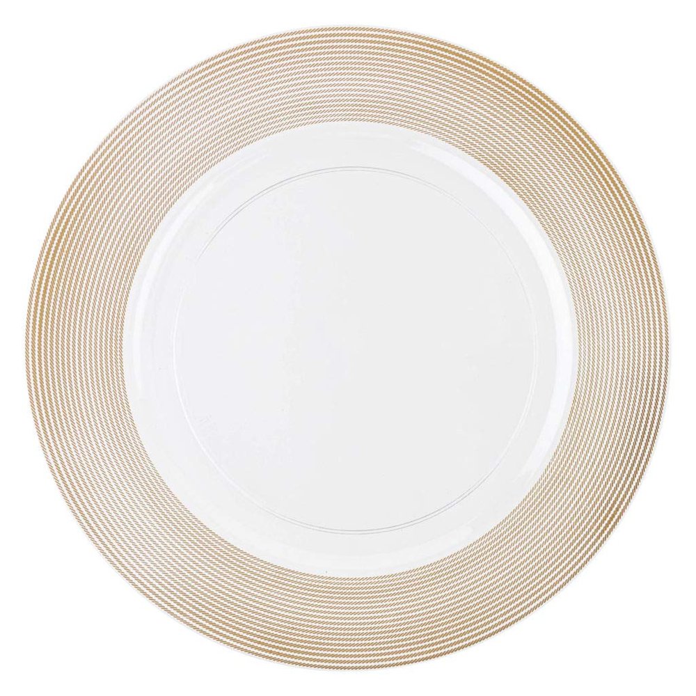 EcoQuality 13" inch Round Charger White Plastic Plates with Rope Textured Gold Rim - China Like Party Plates, Heavy Duty Large Disposable Dinner Salad Plate Weddings, Serveware, Catering (96)