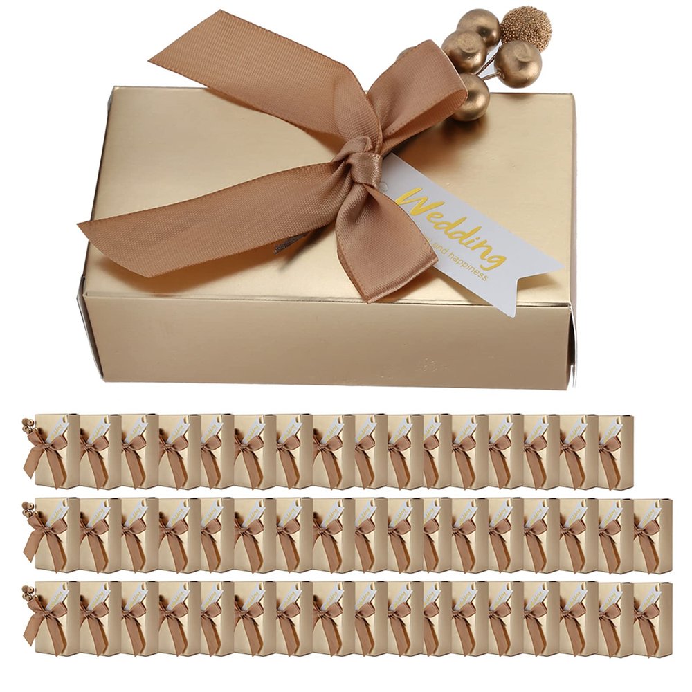 Restokki Elegant Wedding Favor Boxes with 50 Pieces - Candy, Souvenirs, and Keepsake Gift Paper Boxes with Ribbon Bows(Gold)