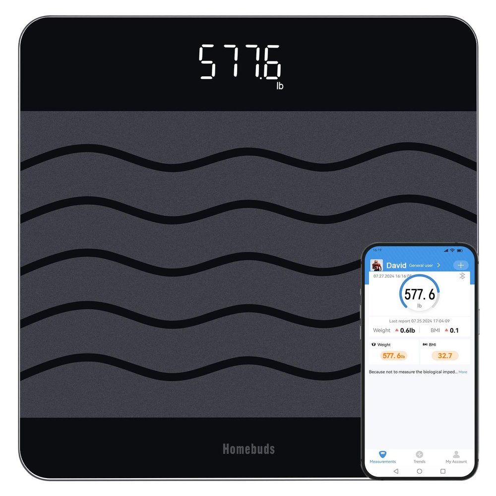 Homebuds 600lb Scale for Body Weight, Precision 0.1lb by Our Professional Factory Since 2001, Digital Weight Scale and BMI Via Smart APP, 8mm Non Slip Tempered Glass 12.4 * 12.4in, LED, Black