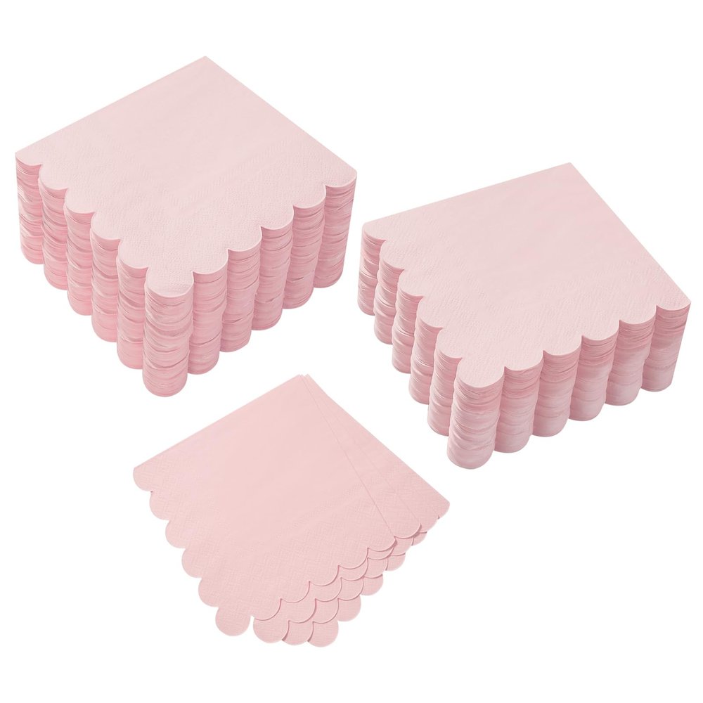 100 Pack Cocktail Napkin 2-Ply Scalloped Edged Dessert Napkins Folded 5 x 5 Inches Disposable Napkins for Dinner Wedding Birthday Party Bridal Anniversary Reception Event (Pink)