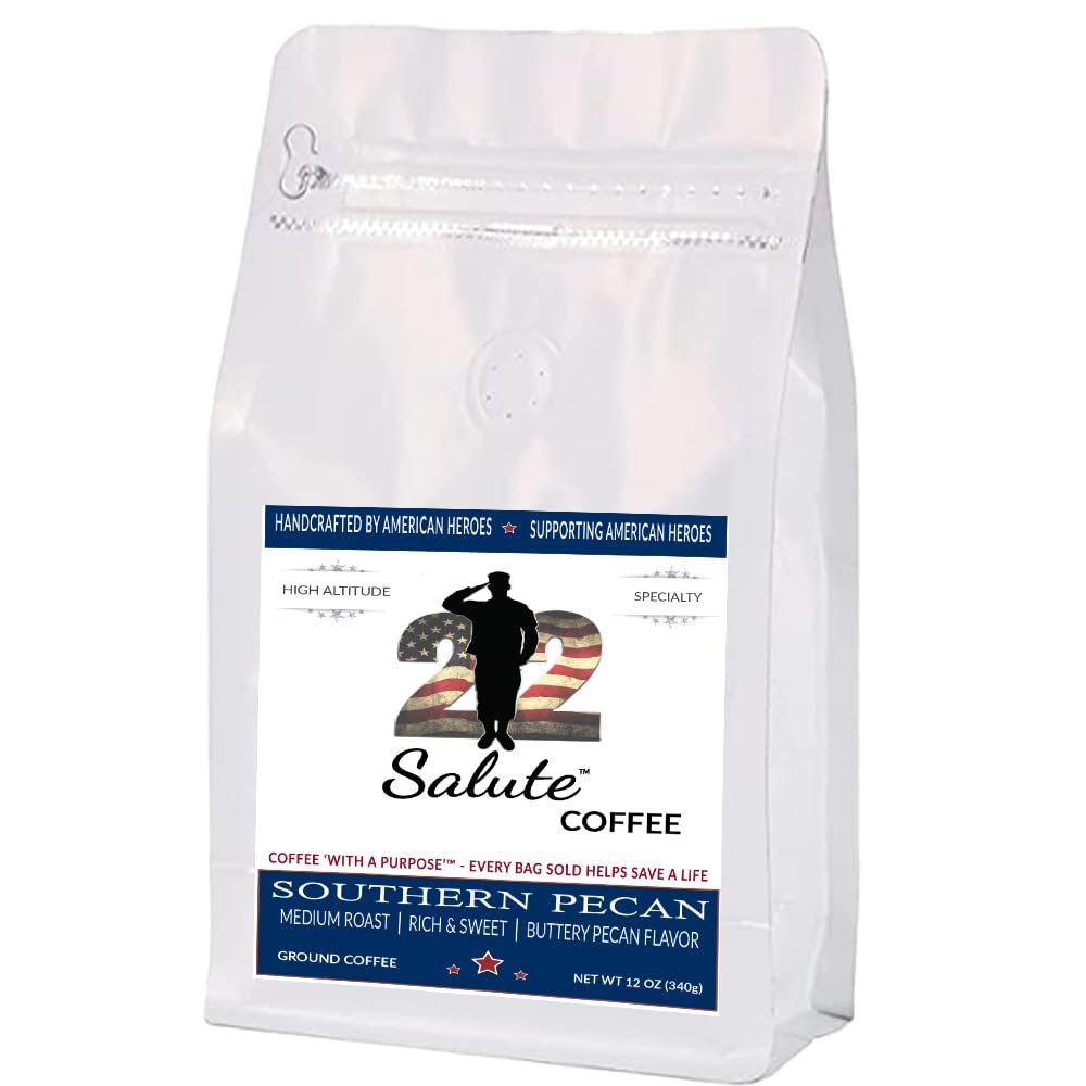 22 Salute Southern Pecan Coffee, Ground Medium Roast, Specialty Single Origin Arabica Coffee with Rich & Sweet Flavor Notes, 12oz Bag
