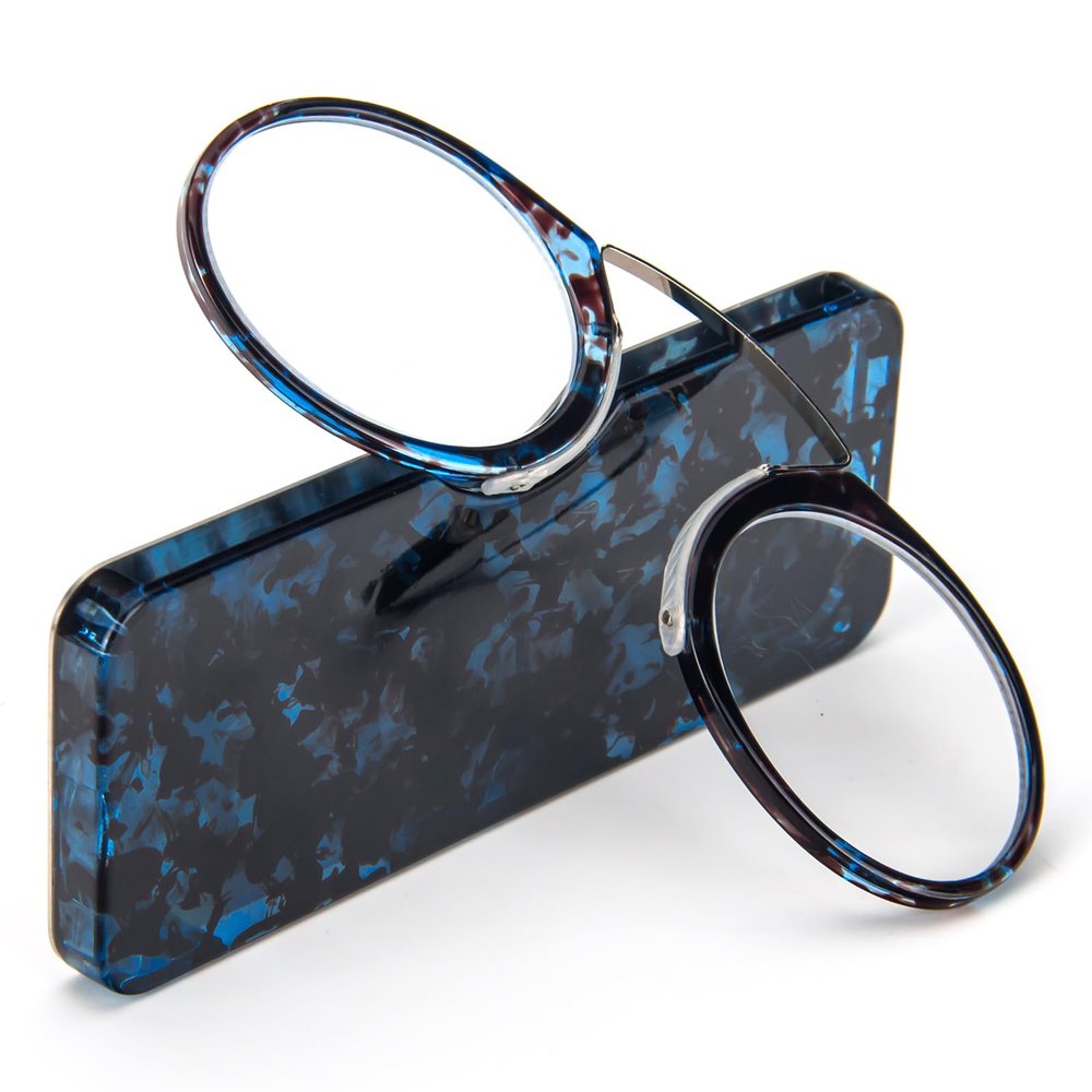 REAVEE Ultra Thin Armless Reading Glasses for Men Women, No Temple Pinch Nose Clip on Readers Small Pocket with Mini Portable Case, Blue Tortoise +1.0