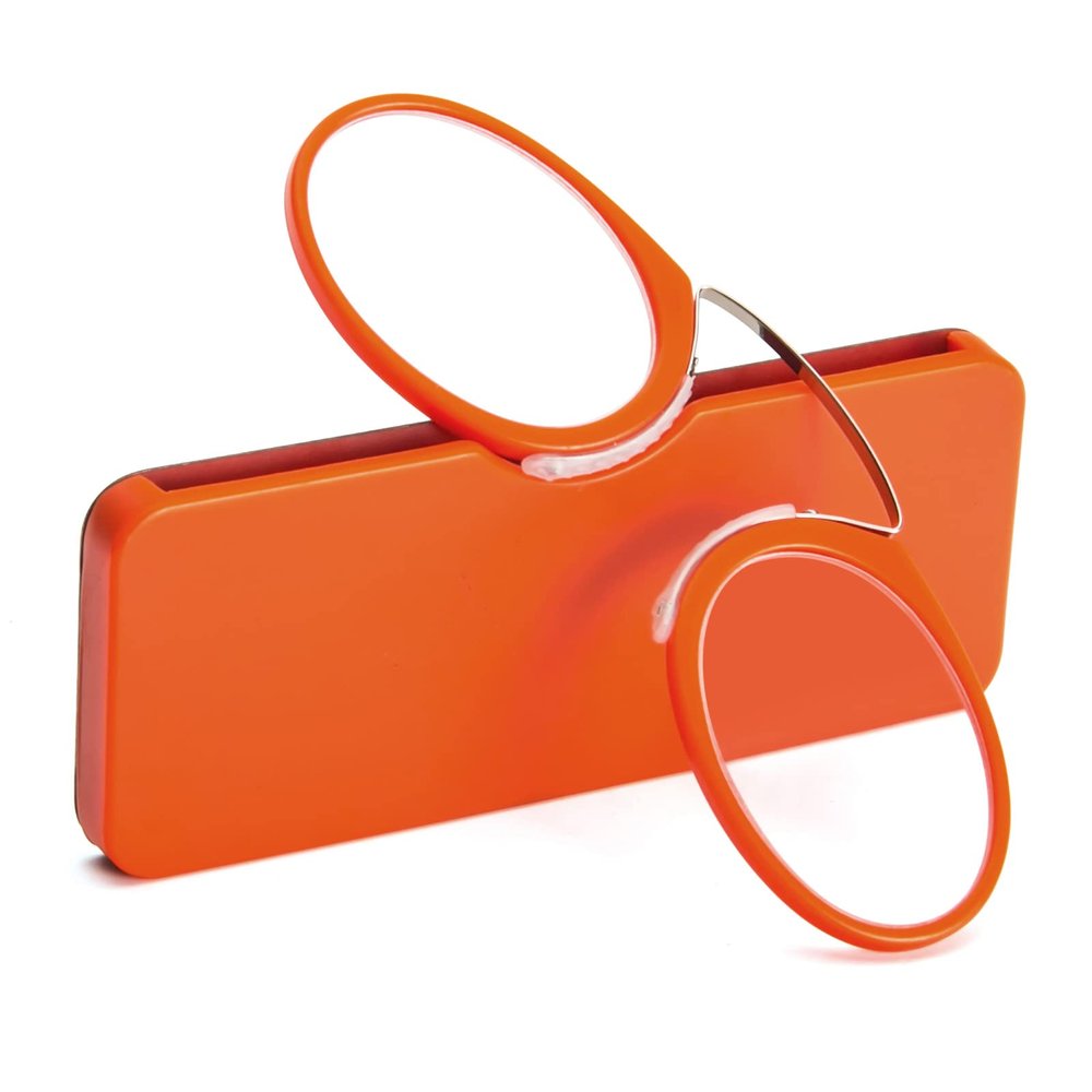 REAVEE Ultra Thin Armless Reading Glasses for Men Women, No Temple Pinch Nose Clip on Readers Small Pocket with Mini Portable Case, Orange +1.0