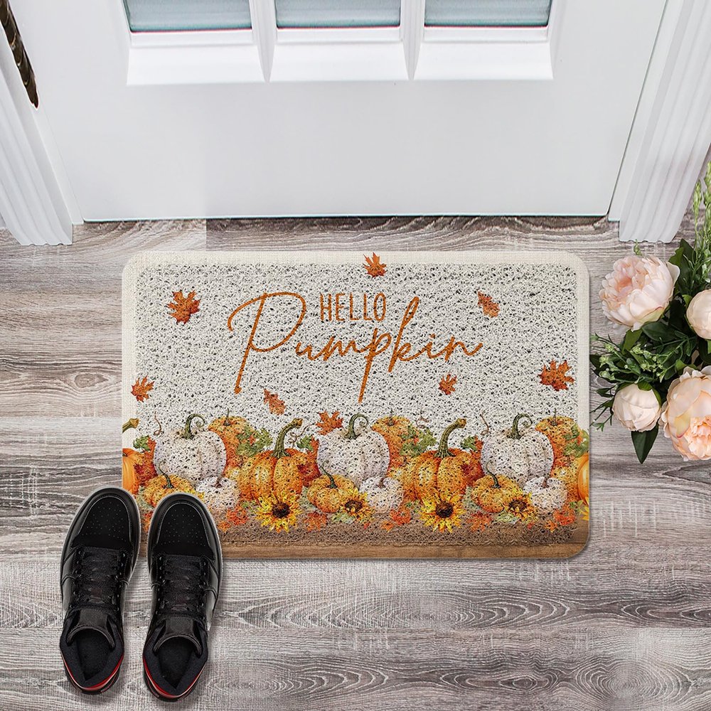 EwdeWwo Hello Pumpkin Front Door Welcome Mat, Thanksgiving Maple Leaf Sunflower Pumpkin Autumn Non-Slip Rug Low-Profile Floor Mat for Indoor/Outdoor Entry/High Traffic Areas, 18" x 30"