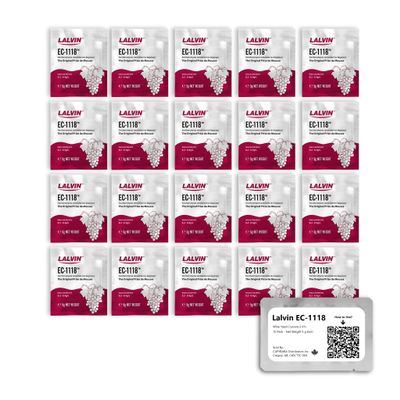 Lalvin EC-1118 Wine Yeast (20 Pack) - Champagne Yeast - Make Wine Cider Mead Kombucha At Home - 5 g Sachets - Saccharomyces cerevisiae - Sold by CAPYBARA Distributors Inc.