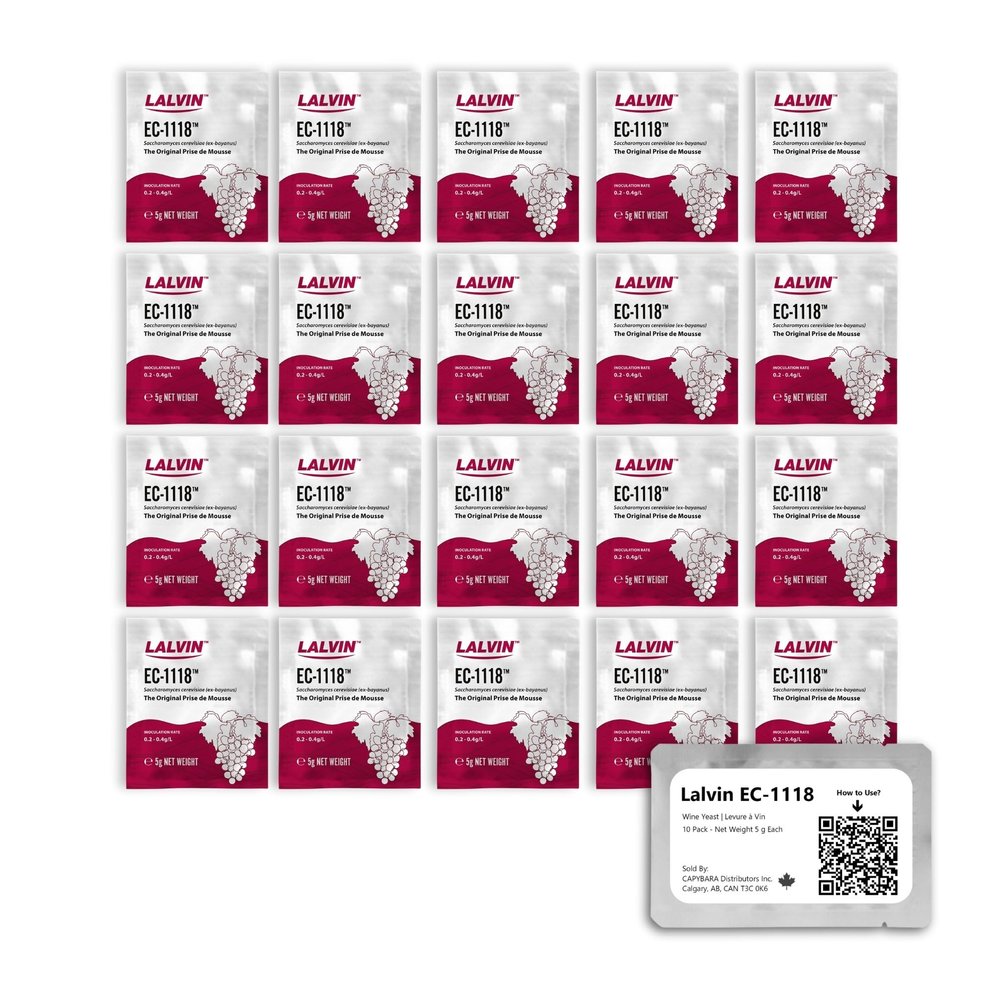 Lalvin EC-1118 Wine Yeast (20 Pack) - Champagne Yeast - Make Wine Cider Mead Kombucha At Home - 5 g Sachets - Saccharomyces cerevisiae - Sold by CAPYBARA Distributors Inc.