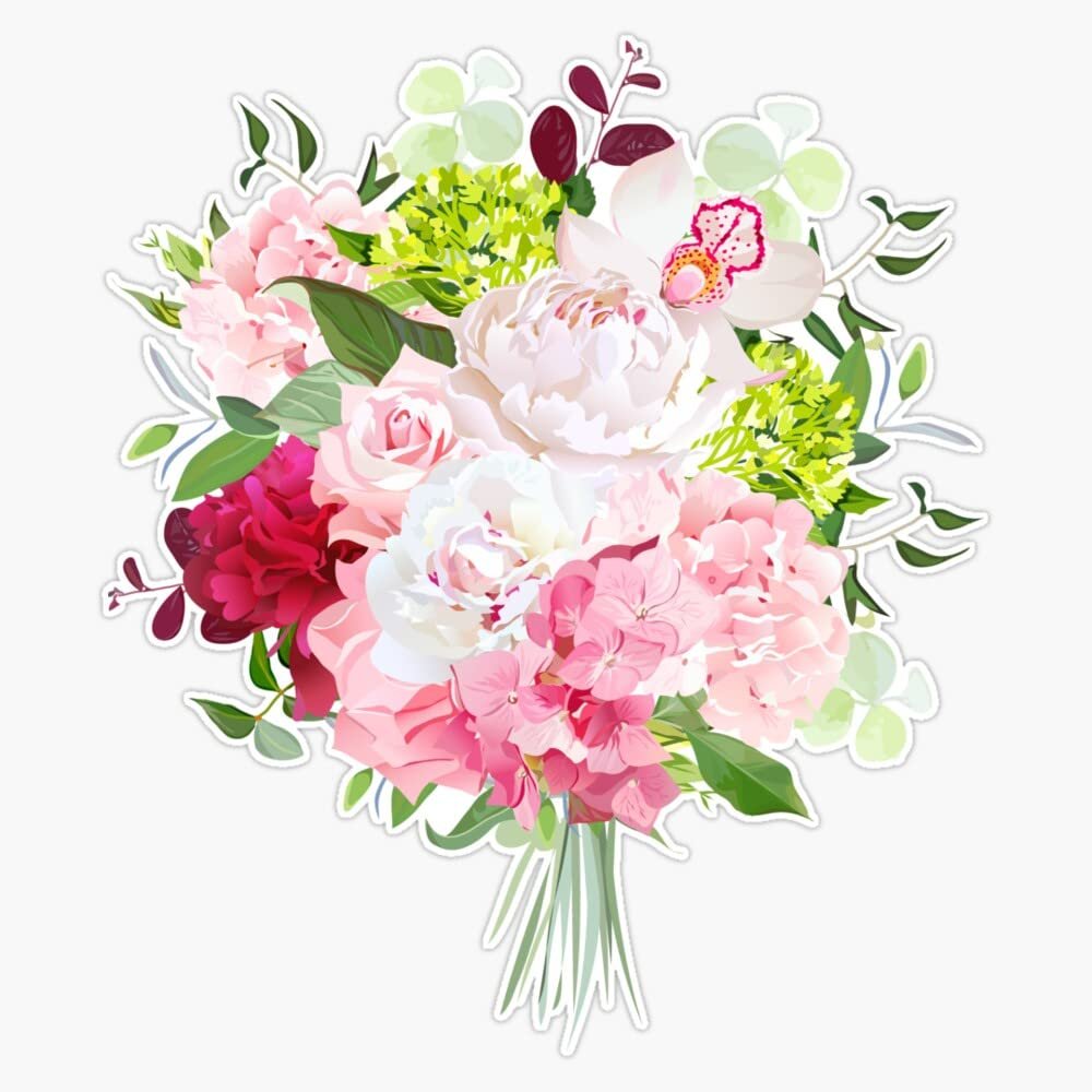 Beautiful Vector Bouquet With Peony Rose Carnation Hydrangea Orchid Green Plants On White Vector Design Set. Bunch Of Flowers In Modern Mixed Style. All Elements Are Isolated And Editable. Bumper Sticker Vinyl Decal 5"