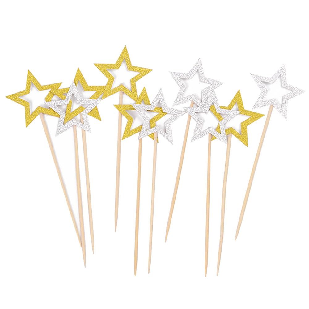 100 Pcs Star Cupcake Picks Glitter Star Cupcake Toppers Mini Star Cake Toppers Star Food Picks Wedding Cake Picks Golden Silver