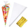 Awpeye 100PCS Clear Cone Shaped Treat Bags - 5.12x9.84 Inches Plastic Cone Bags with 100PCS Gold Twist Ties view 1