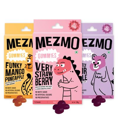 MEZMO soft jelly healthy n yummy candy with natural fruit sugar 144gms 36 jellies (Pack of 3) - Very Strawberry, Funky Mango Pineapple & Sweetly Sour Apple