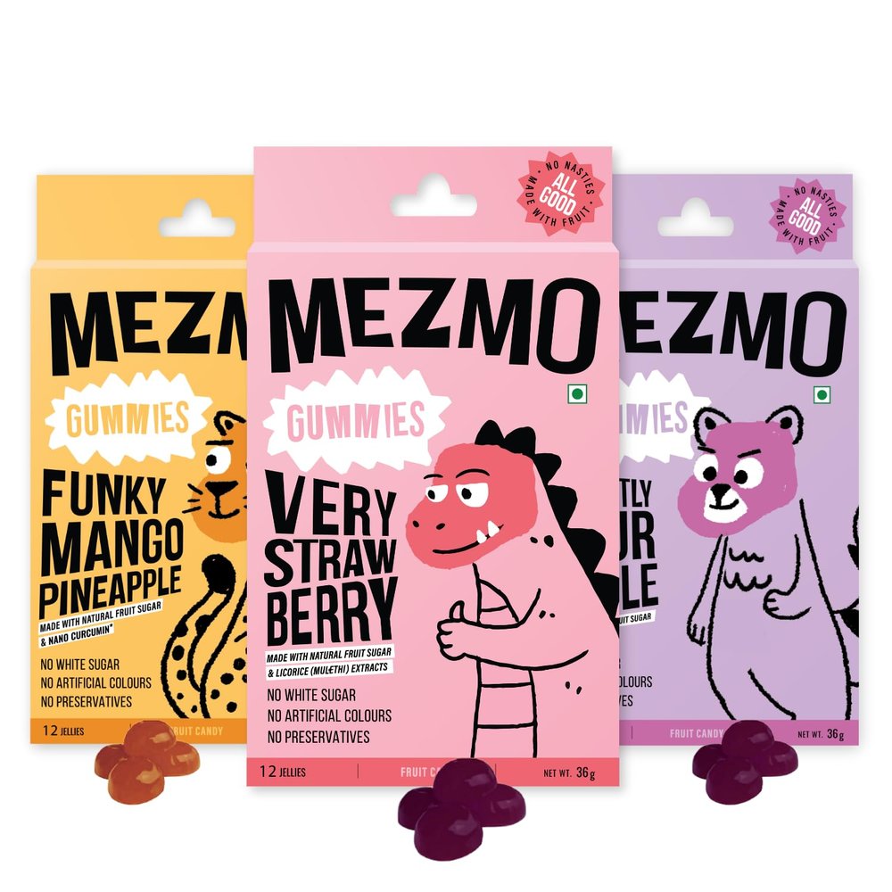 MEZMO soft jelly healthy n yummy candy with natural fruit sugar 144gms 36 jellies (Pack of 3) - Very Strawberry, Funky Mango Pineapple & Sweetly Sour Apple