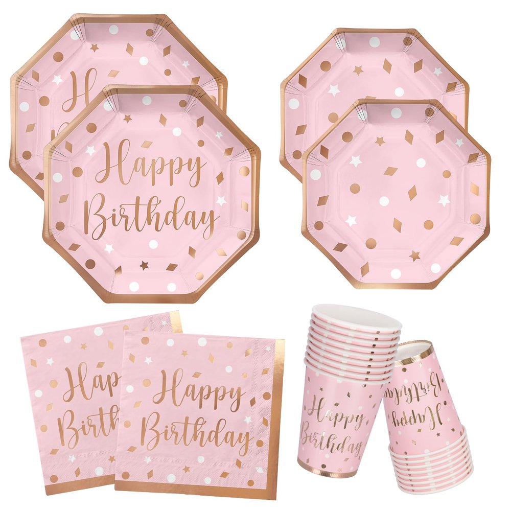 Rose Gold Birthday Party Supplies - Disposable Paper PlatesNapkins, Cups, for Girl/Women Celebration, Serves 16 - Decorate with Our Rose Gold Plates and Napkins Set