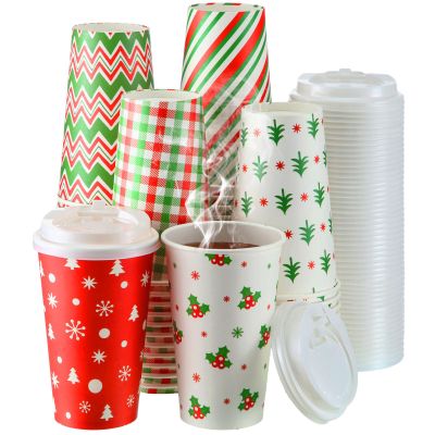Sliner 120 Pcs Disposable Coffee Cups 16 oz with Lids Holiday Hot Cold Beverage Paper Coffee Cups for Winter Party Tea Travel Cafe Home Restaurant Picnic Drinking Christmas