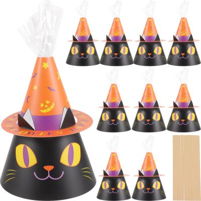 Abaodam 10 Sets Halloween Candy Boxes Trick or Treat Paper Boxes Cone Shaped Treat Box Black Cat Cookie Boxes Mini Cardboard Box for Halloween Party Favor Supplies