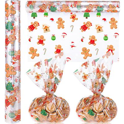 Gueevin Christmas Cellophane Wrap Roll Gingerbread Cellophane Roll 100 ft x 16 Inch 2.5 Mil Holiday Wrapping Paper Santa Snowman Cellophanes Bags Gift Wrap for Christmas Treats (gingerbread Man)