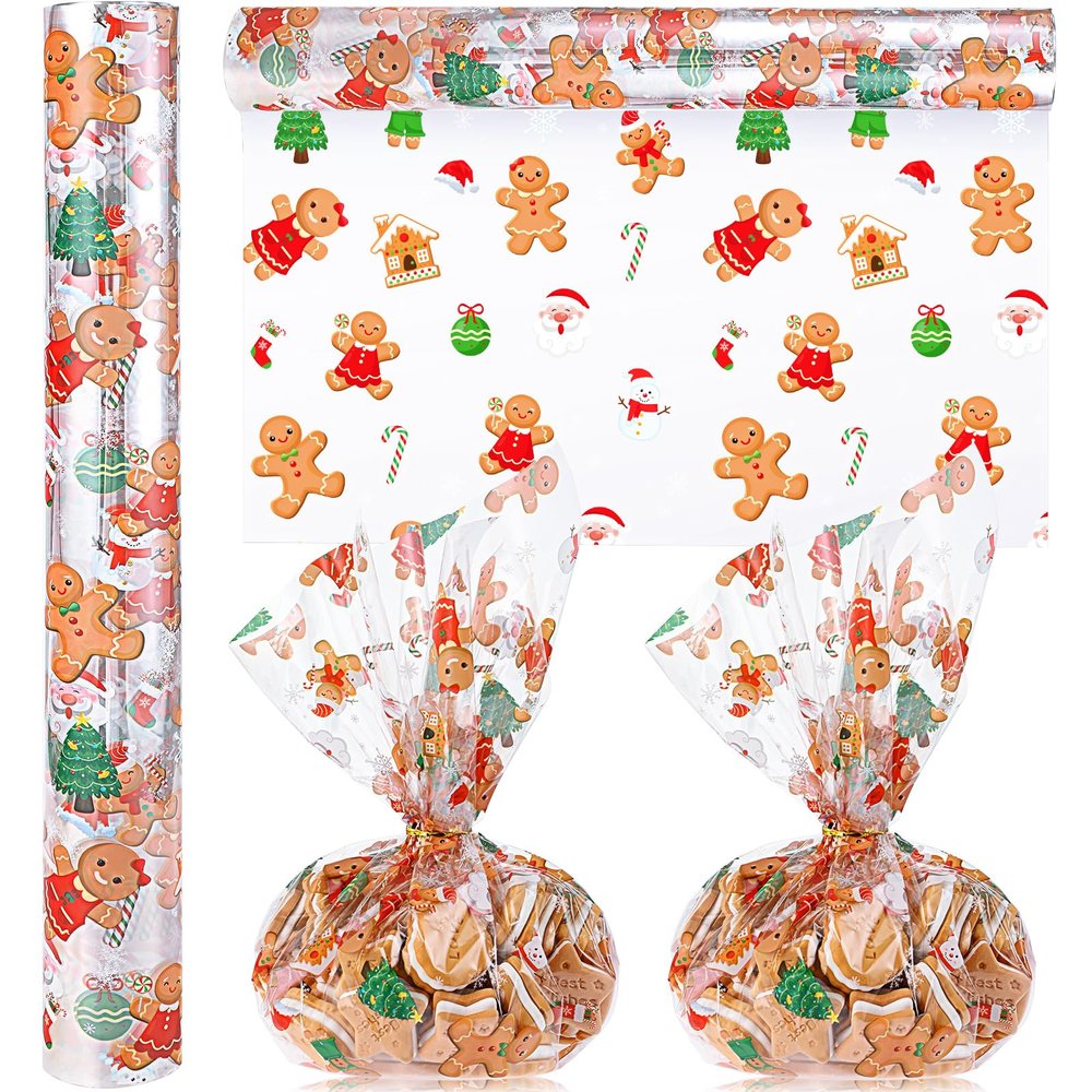 Gueevin Christmas Cellophane Wrap Roll Gingerbread Cellophane Roll 100 ft x 16 Inch 2.5 Mil Holiday Wrapping Paper Santa Snowman Cellophanes Bags Gift Wrap for Christmas Treats (gingerbread Man)
