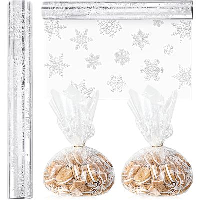 Gueevin Snowflake Cellophane Wrap Roll Clear Plastic Winter Holiday Wrapping Paper 100 ft x 16 in 2.5 Mil White SnowFlakes Cellophane Roll Gift Wrap for Christmas Treat Bags Supplies