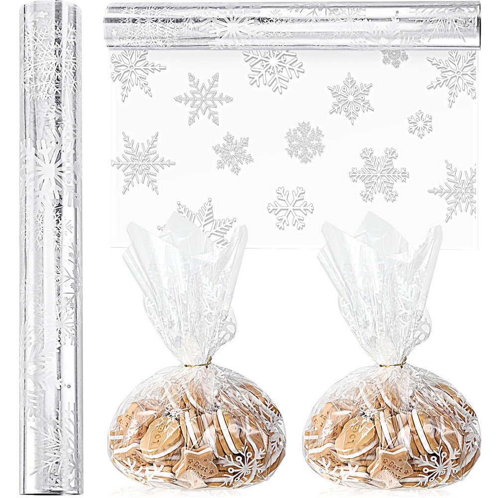Gueevin Snowflake Cellophane Wrap Roll Clear Plastic Winter Holiday Wrapping Paper 100 ft x 16 in 2.5 Mil White SnowFlakes Cellophane Roll Gift Wrap for Christmas Treat Bags Supplies