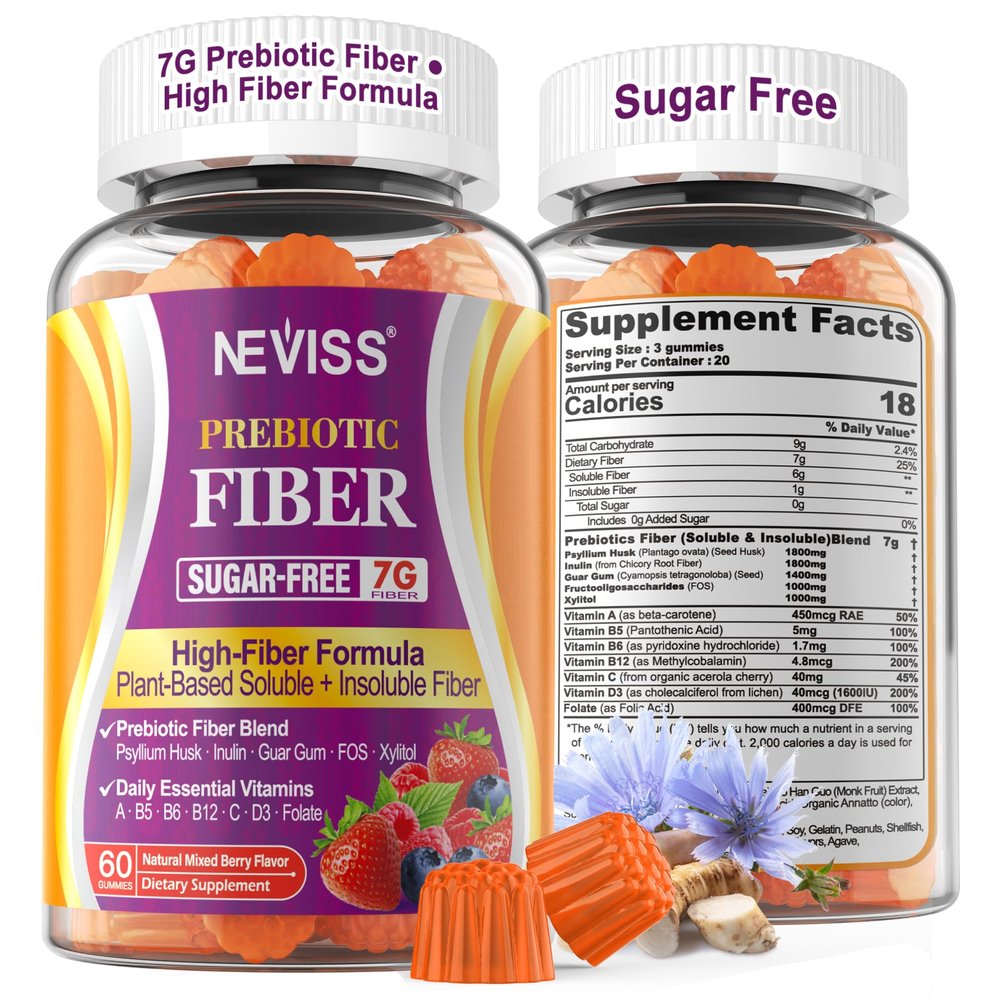 1Pack Fiber Gummies for Adults with Psyllium Husk, 7G(Soluble + Insoluble) Daily Prebiotic Fiber with Inulin, FOS, Guar Gum, Multivitamins for Daily Digestive Health, Regularity Gut Support,Sugar Free