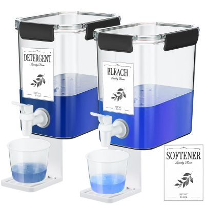 Soaoo 2 Pcs Laundry Detergent Dispenser 67.6 oz Liquid Soap Dispenser with Faucet for Laundry Room 2 Liquid Detergent Holder with Labels and Measuring Cup Fabric Softener Container