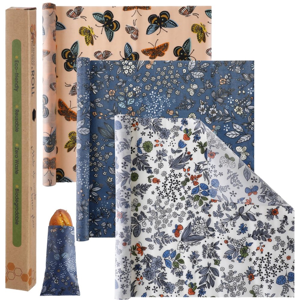Moukeren 3 Rolls Beeswax Wraps for Food Assorted 13 x 40" Cut to Size Reusable Beeswax Food Wrap Organic Cotton Sustainable Wax Paper Wrappers Plastic Silicone Free for Bread Cheese(Butterfly)